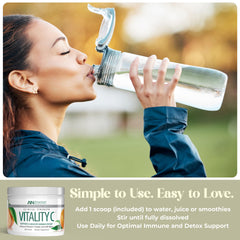 American Nutriceuticals Vitamin C Powder in juice highlights versatile daily use.