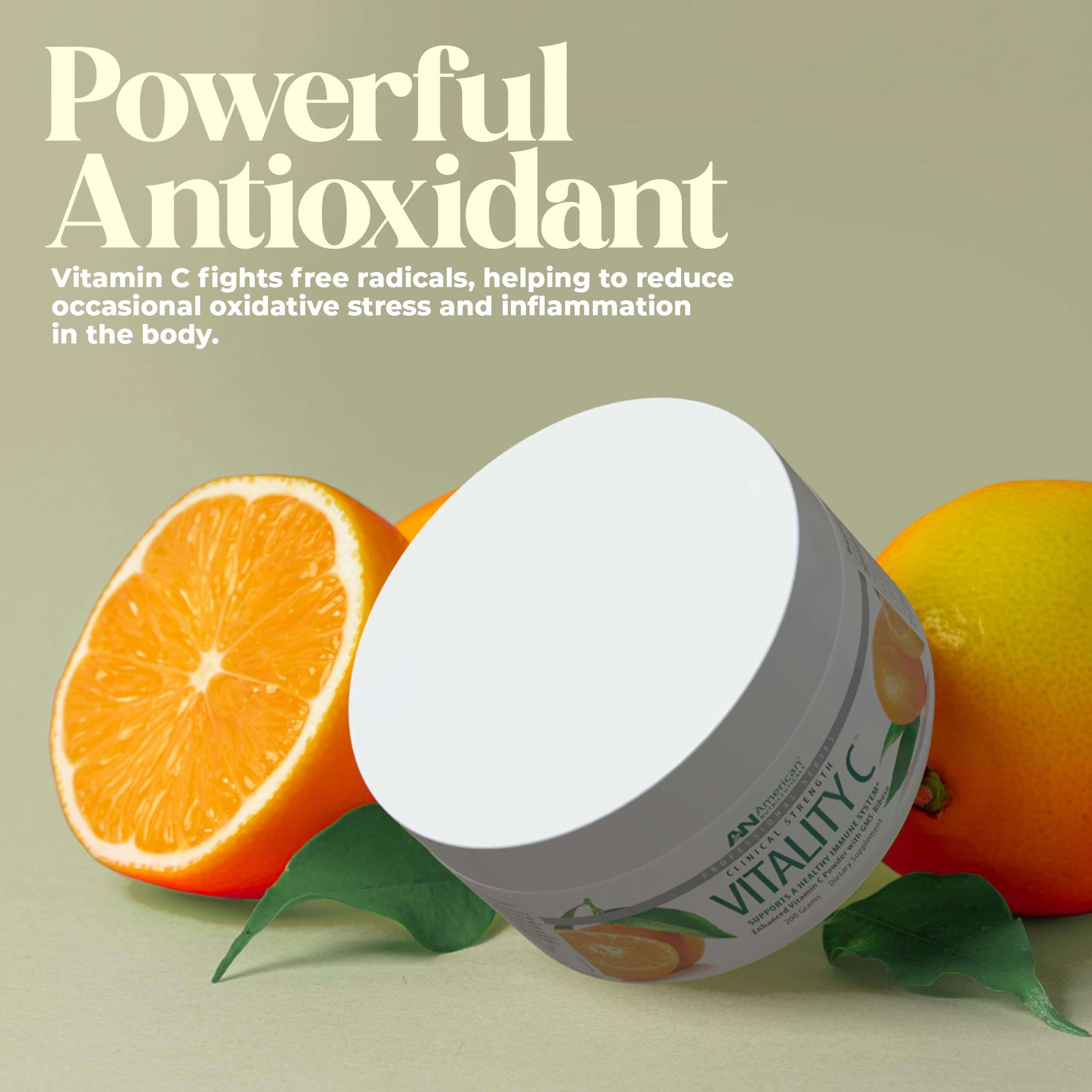 American Nutriceuticals Vitamin C Powder label emphasizes non-acidic, pH-neutral formula for gentle digestion.