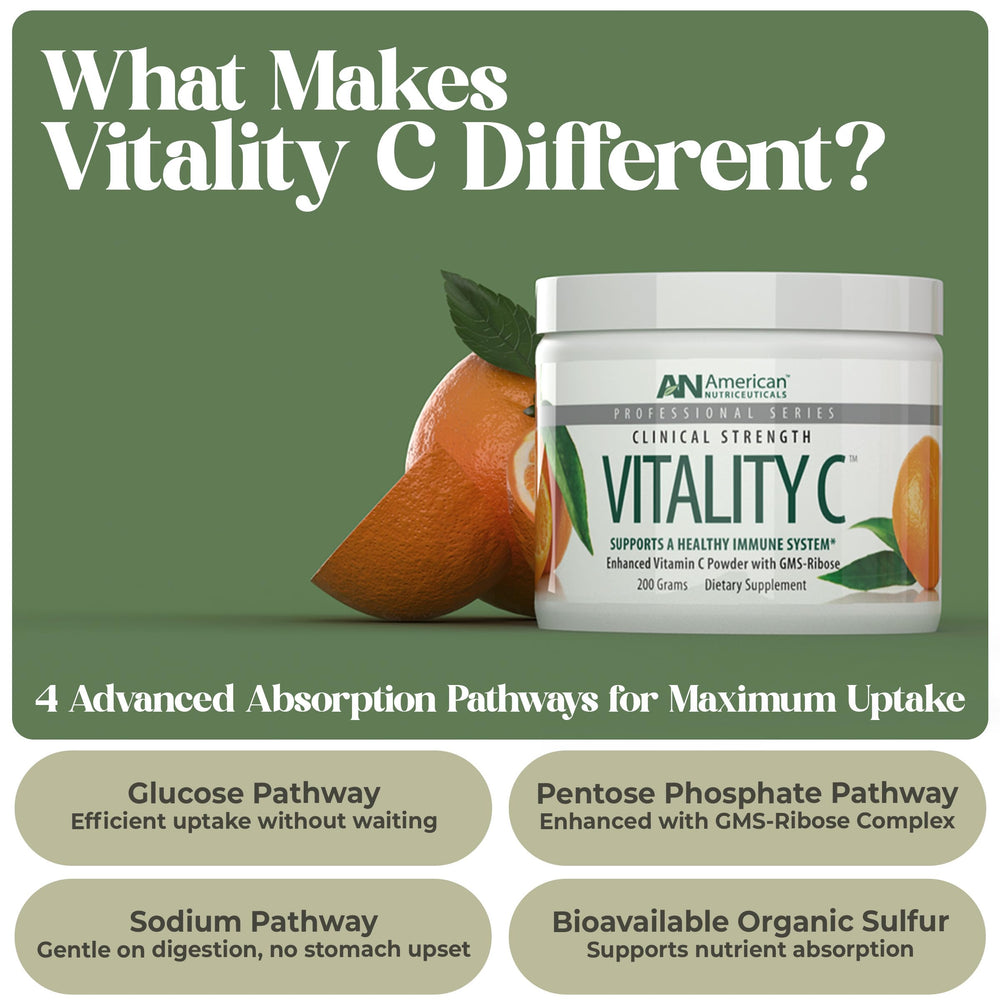 American Nutriceuticals Vitamin C Powder scoop represents precise, sugar-free serving for daily use.