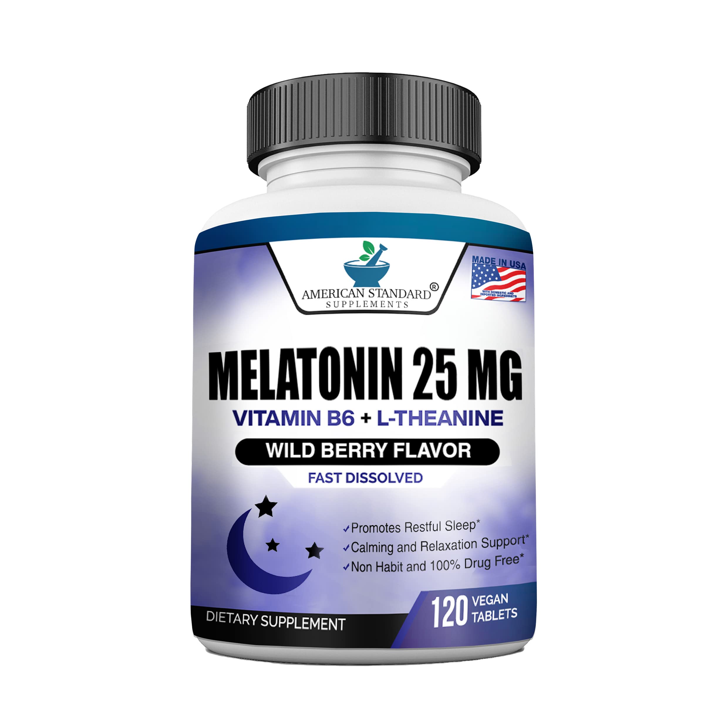 American Standard Melatonin 25mg chewables bottle promotes a calmer evening routine.