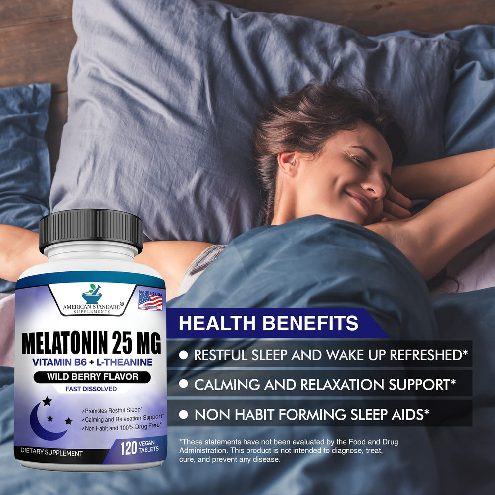 American Standard Melatonin 25mg chewables packaging front conveys Made in USA quality.