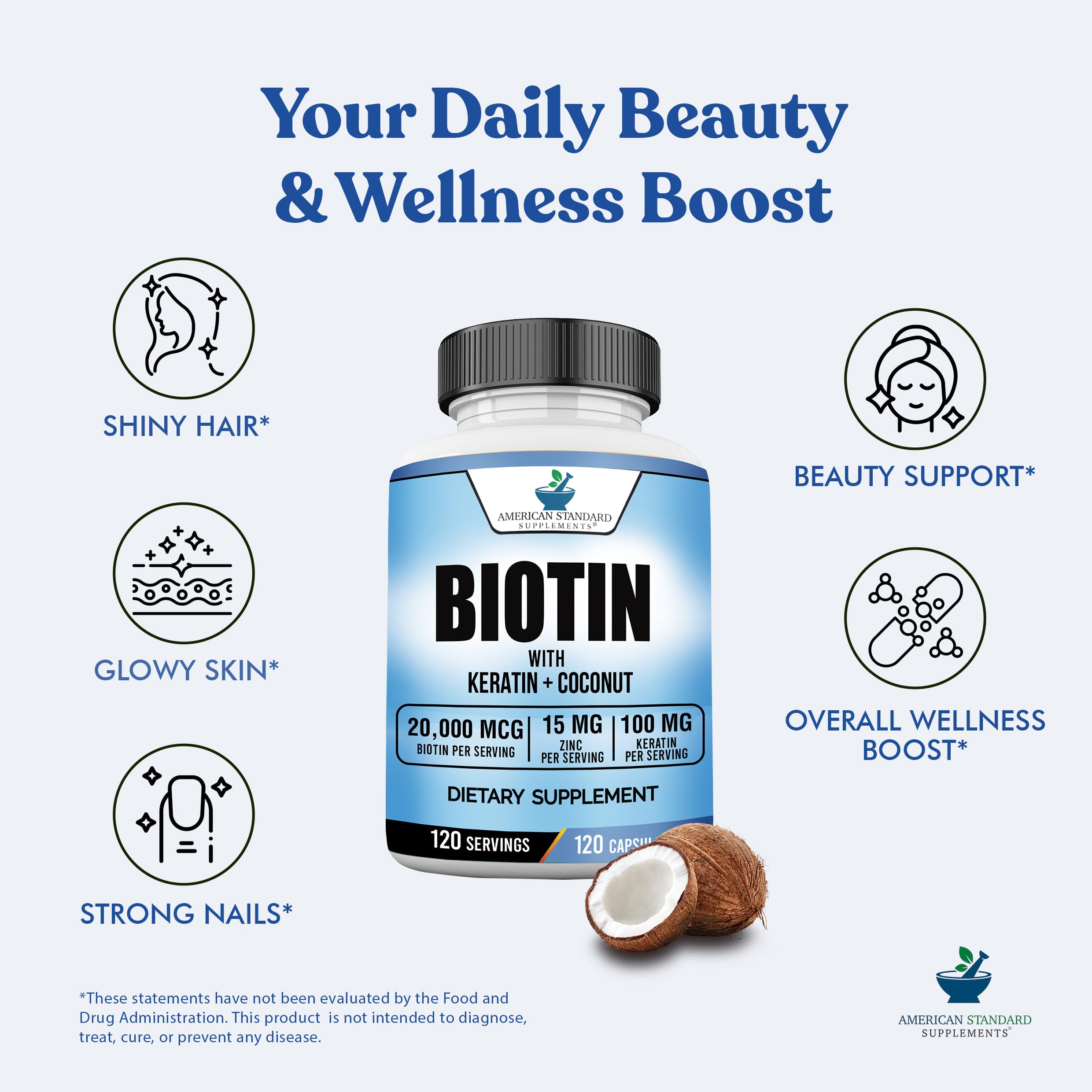 American Standard Biotin 120-capsule bottle promises a 120-day supply.
