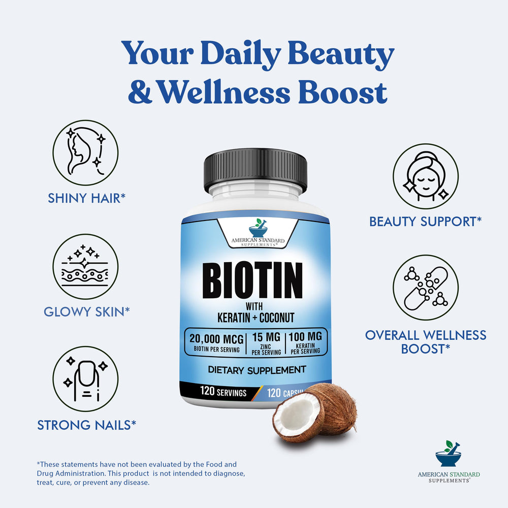 American Standard Biotin 120-capsule bottle promises a 120-day supply.