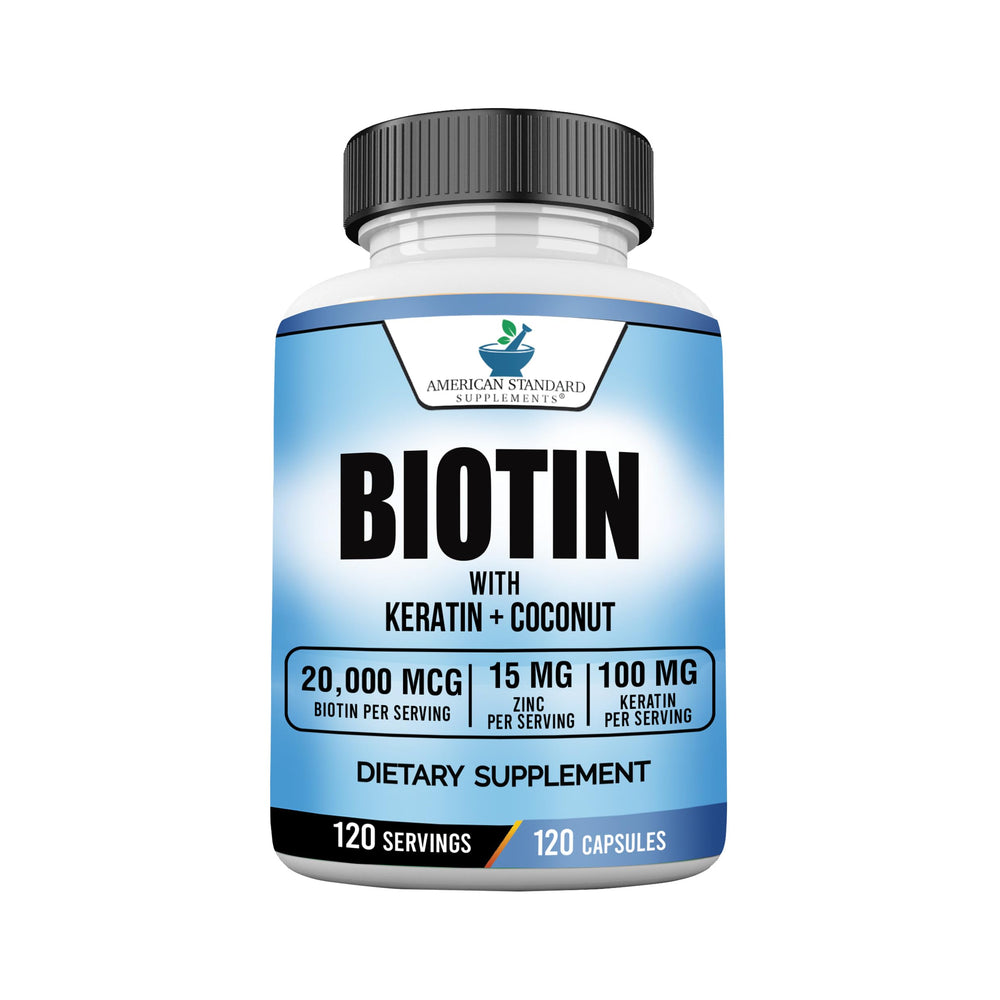 American Standard Biotin 20,000mcg bottle with keratin and zinc for daily hair and nail care.