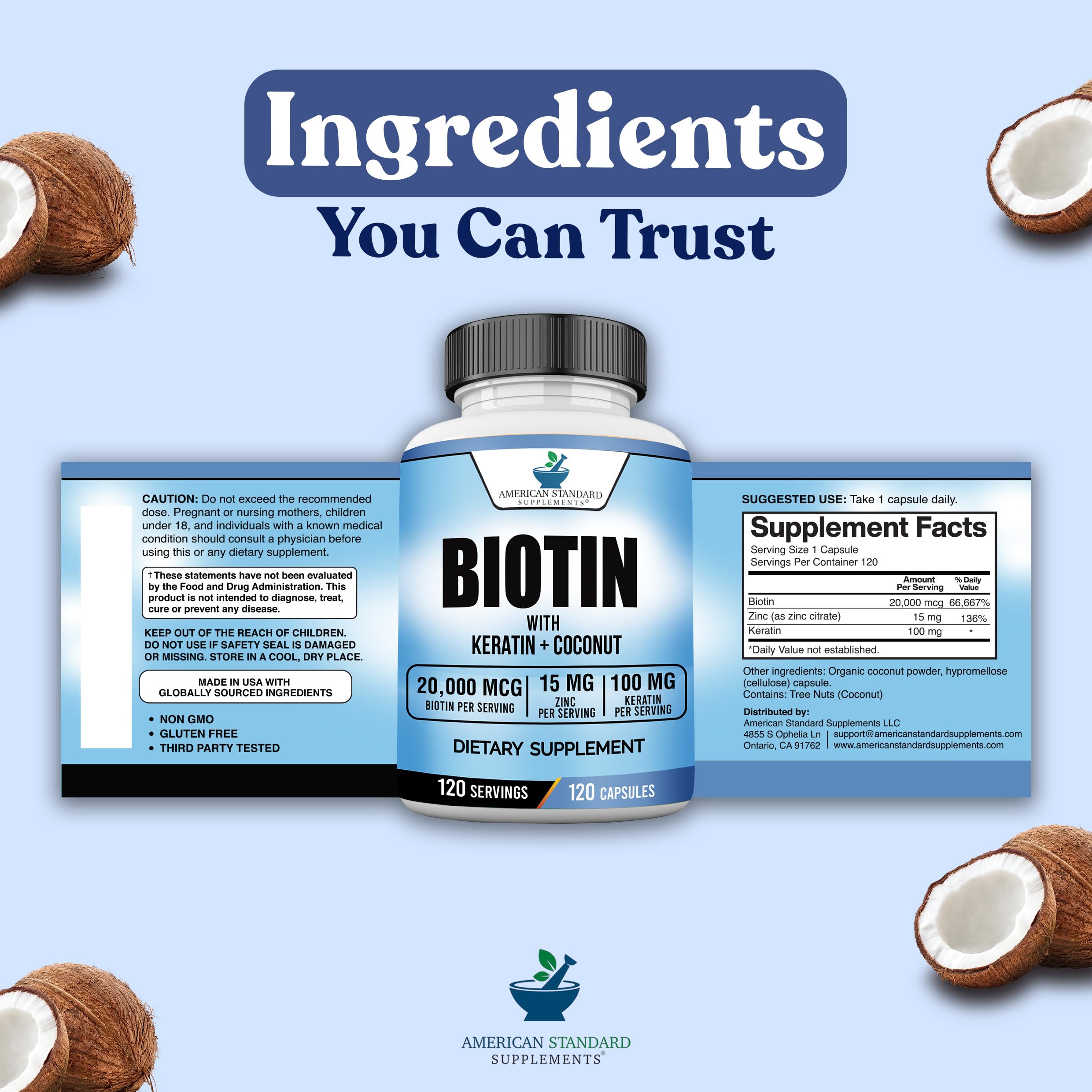 American Standard Biotin bottle on shelf showing 120-day supply.