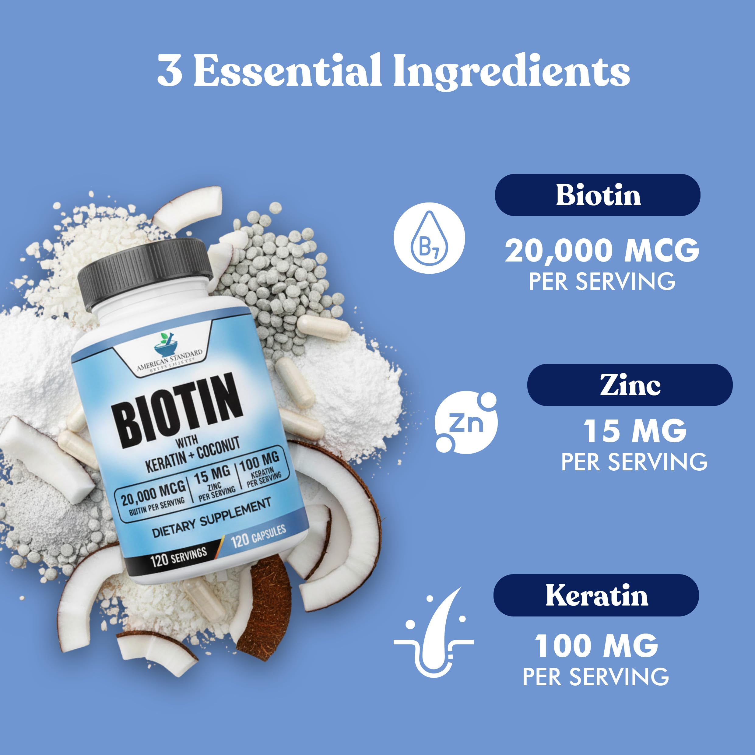 American Standard Biotin with coconut powder in a clean label.