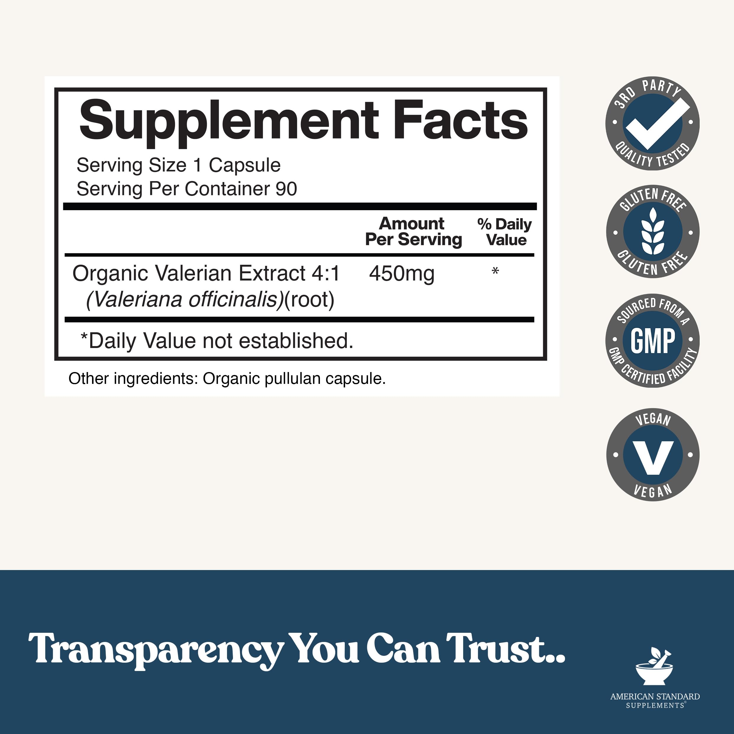 Label close-up on American Standard Organic Valerian highlighting Bay State organic certification.