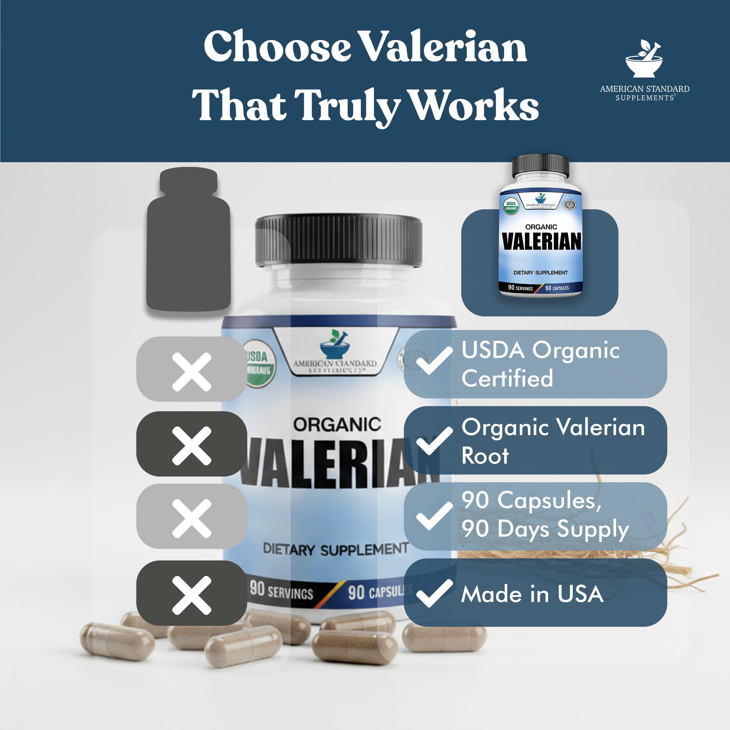 Packaging inside view of American Standard Organic Valerian bottle showing 90 capsules.