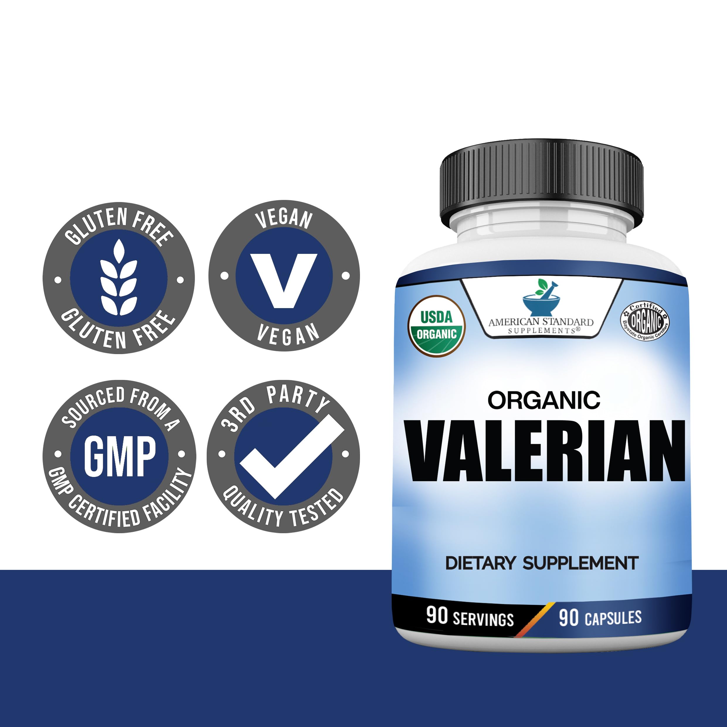 Vegan gluten-free icons shown for American Standard Organic Valerian product.