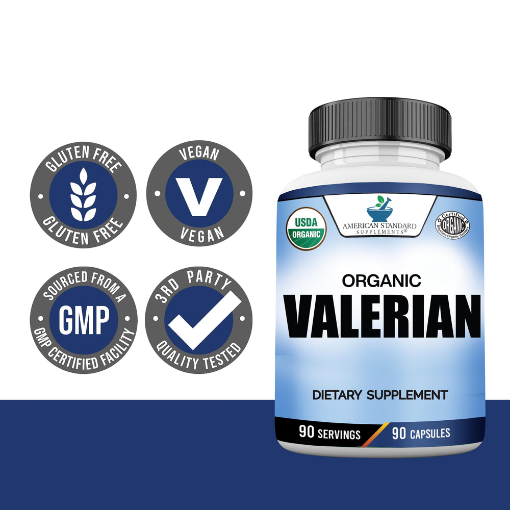 Vegan gluten-free icons shown for American Standard Organic Valerian product.