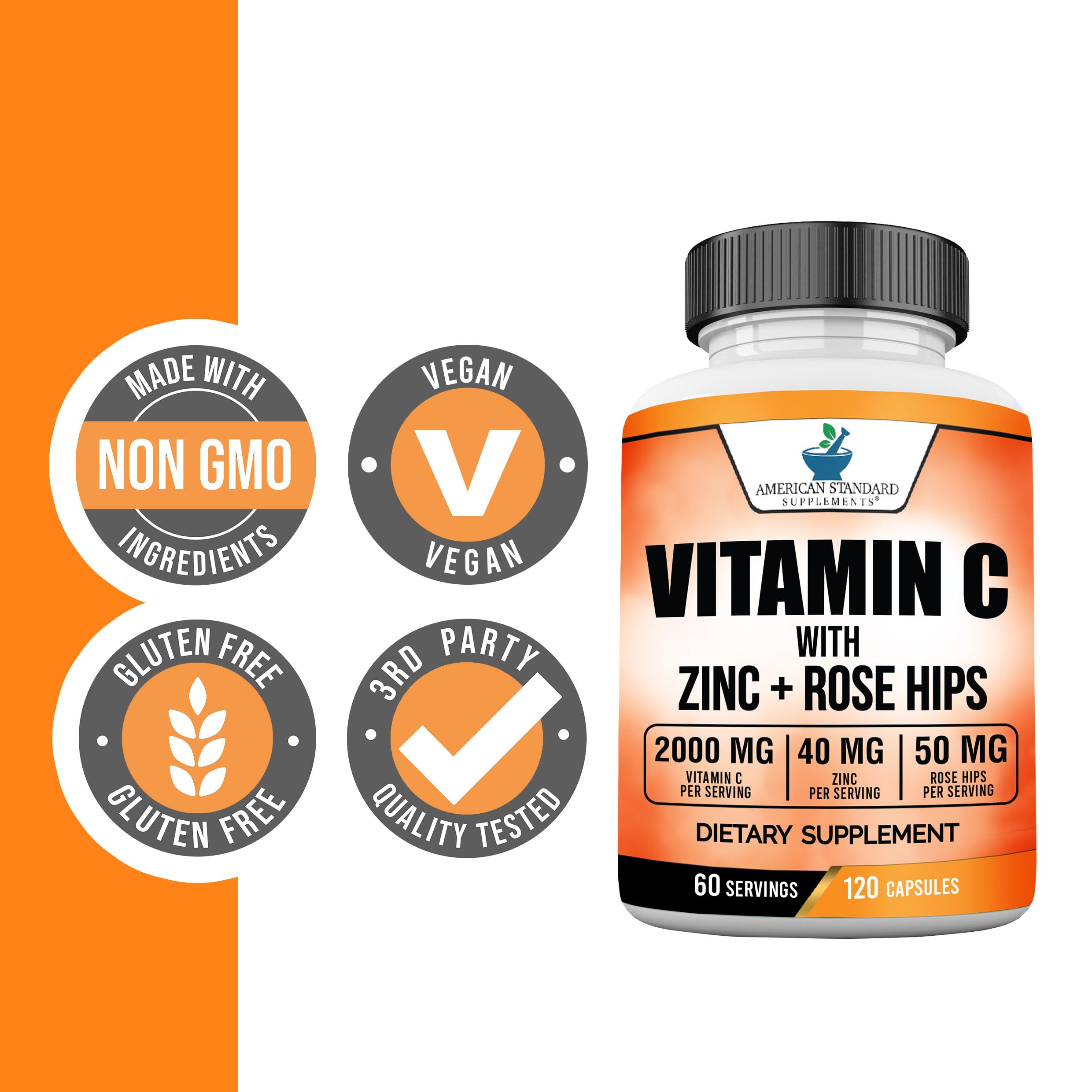 Rose hips 50mg capsules on bottle label for natural daily support from American Standard