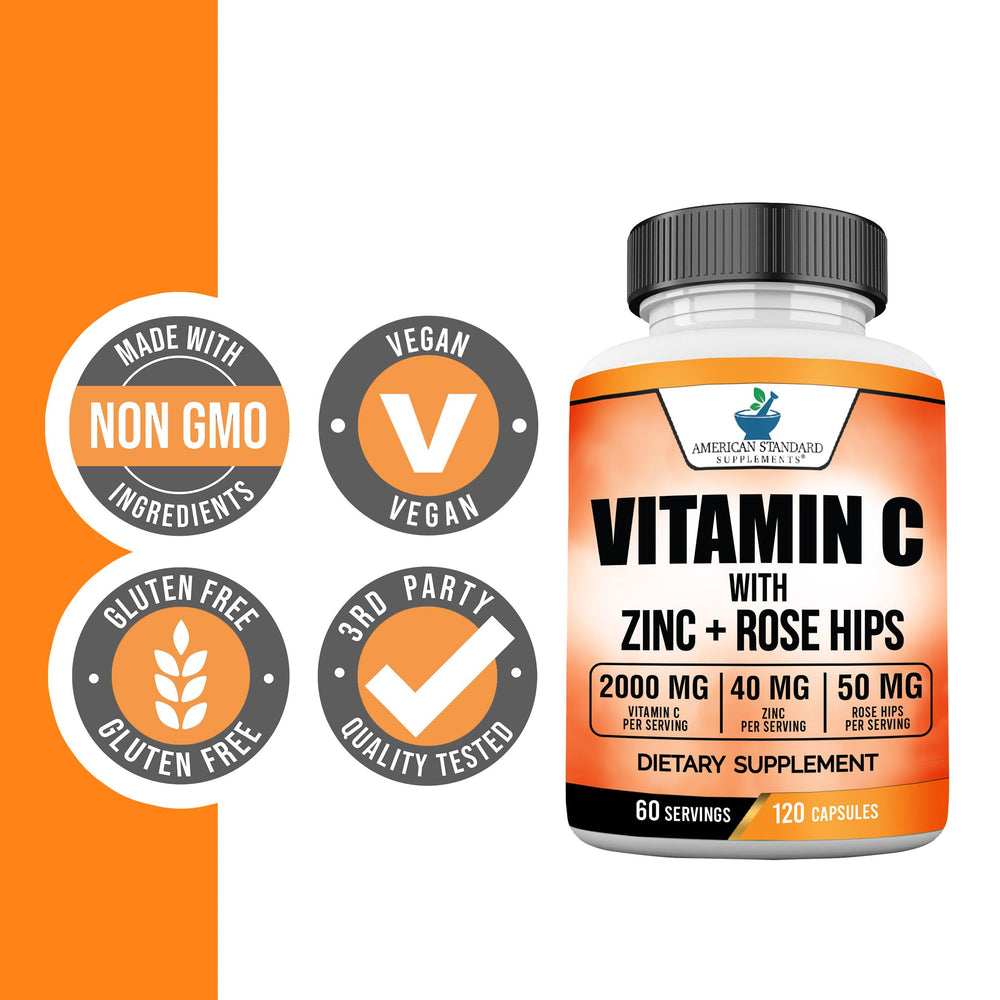 Rose hips 50mg capsules on bottle label for natural daily support from American Standard