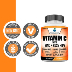 Rose hips 50mg capsules on bottle label for natural daily support from American Standard