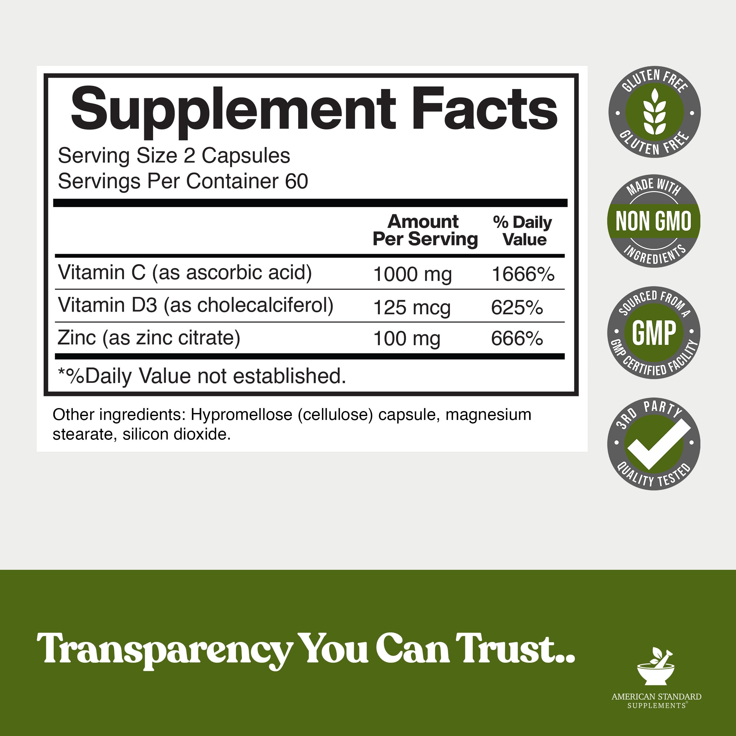 American Standard Vitamin C 1000mg capsules close-up for everyday wellness.