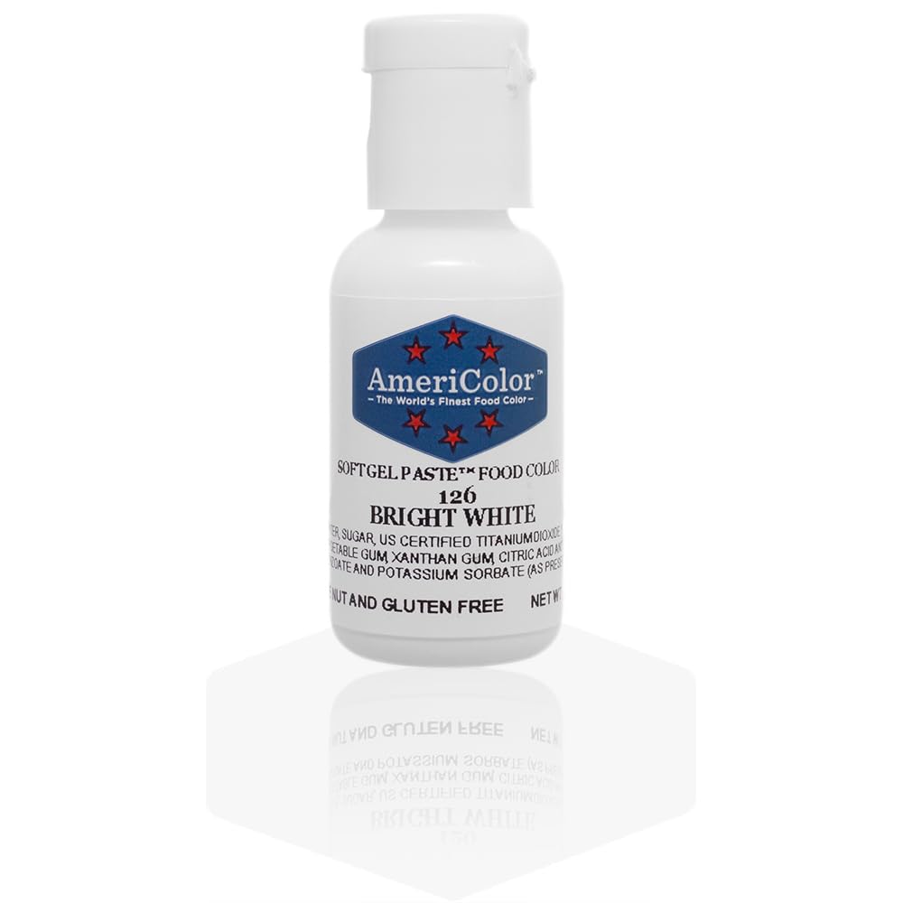 AmeriColor Bright White Soft Gel Paste bottle for vibrant royal icing.