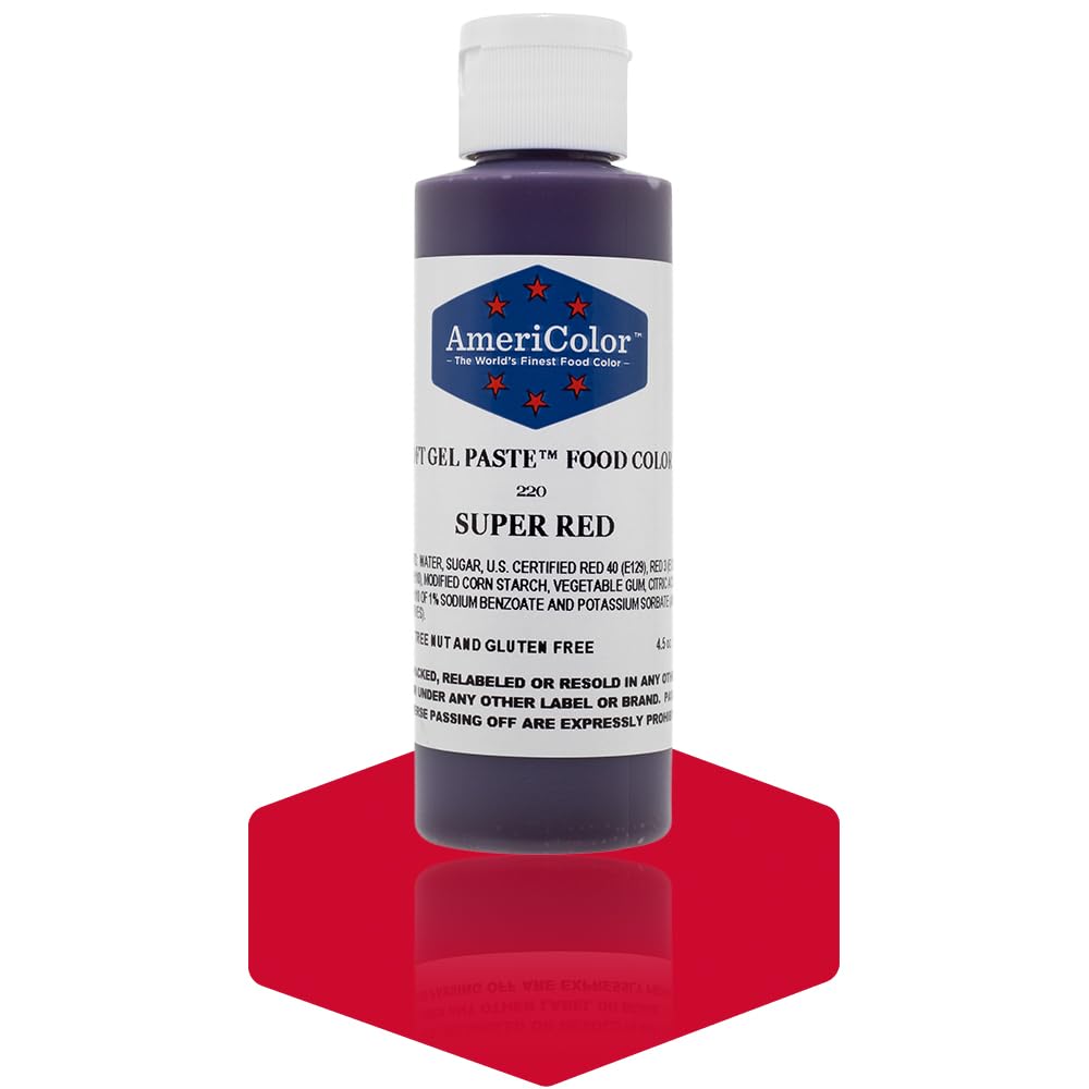 Americolor Soft Gel Paste Super Red bottle for vibrant, consistent color application.