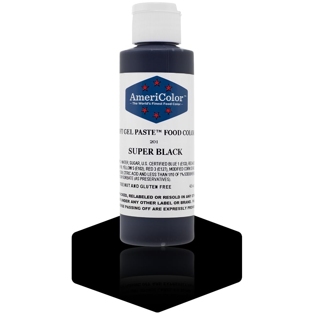 AmeriColor Super Black soft gel paste bottle for deep royal icing color