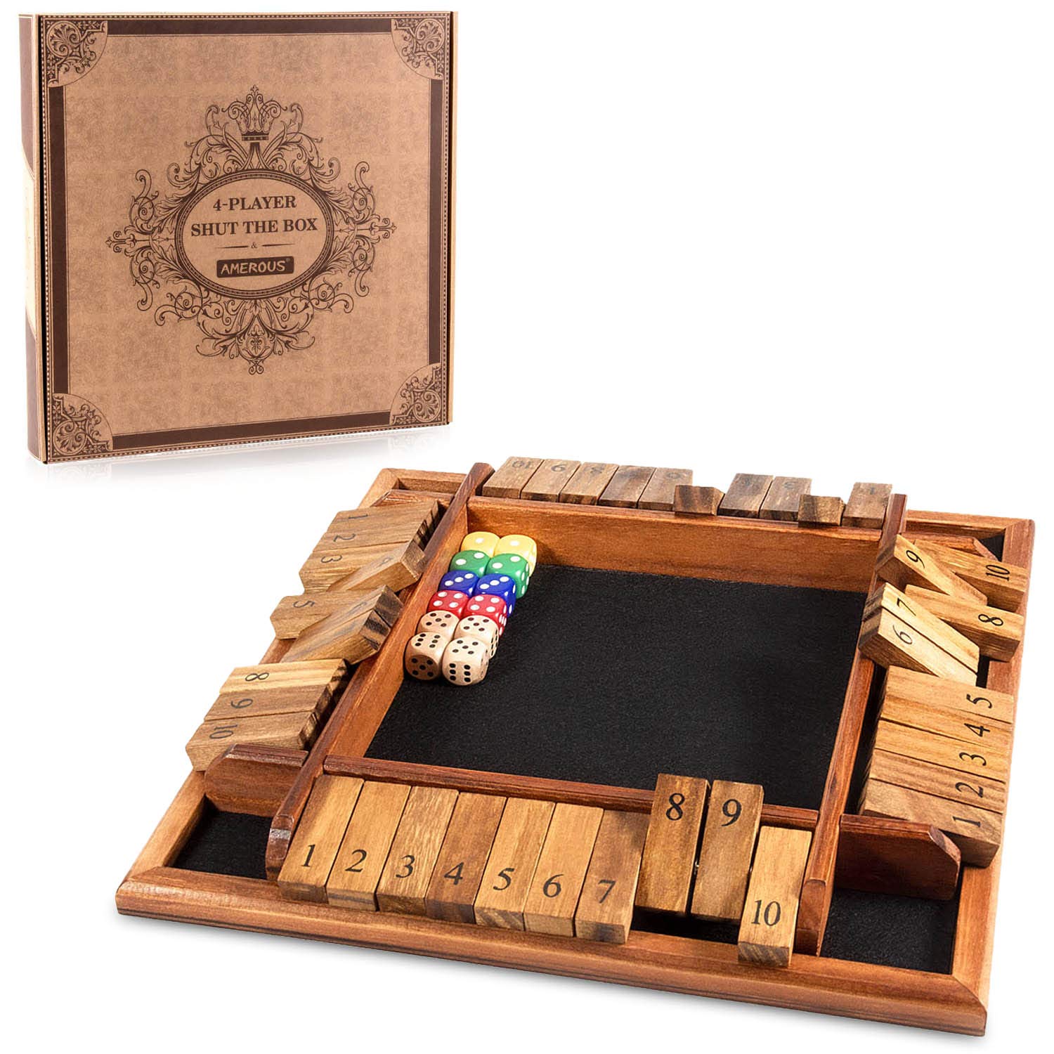 AMEROUS shut-the-box wooden board 12-inch surface, perfect for family game nights.
