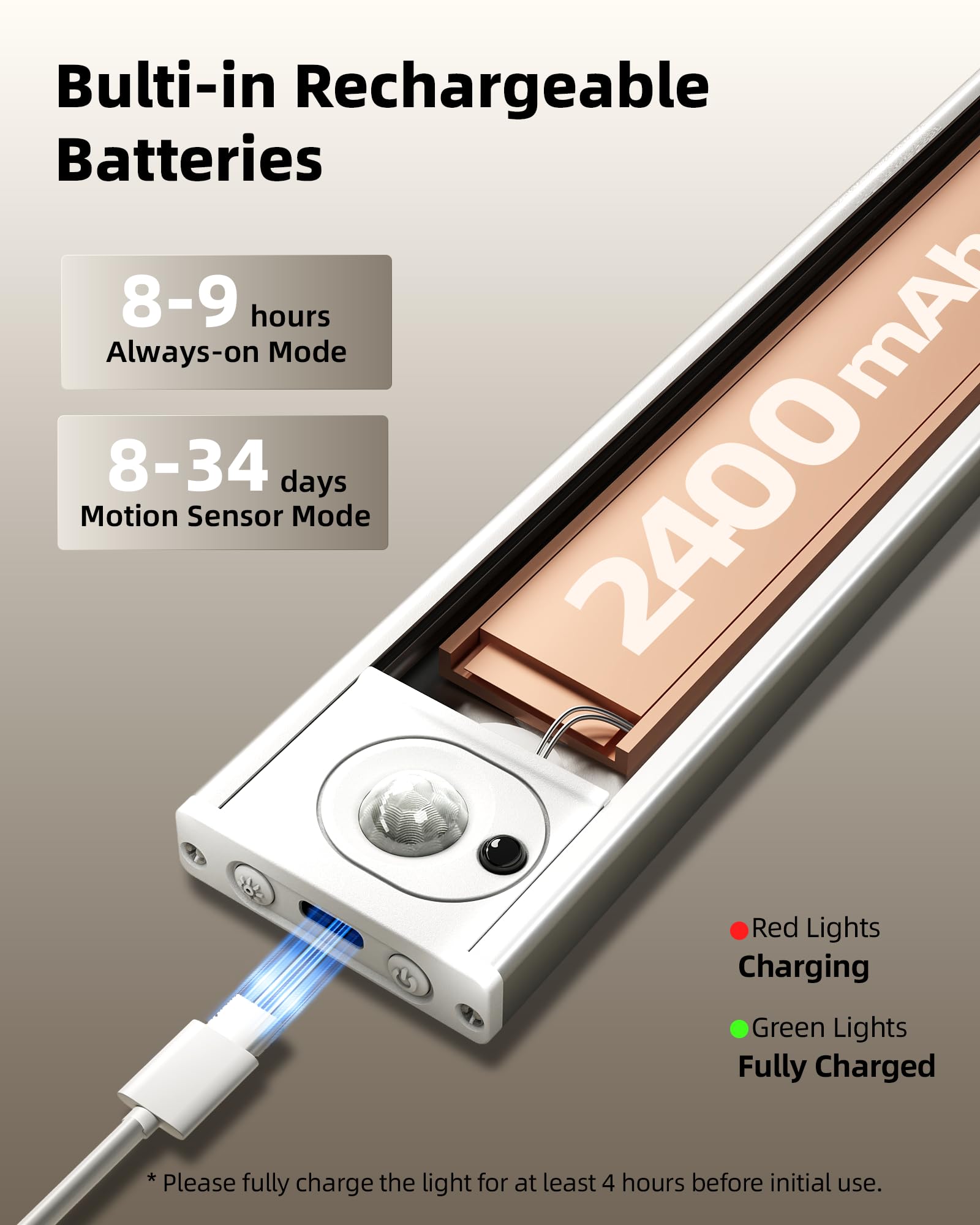AMETHEUS 2400mAh battery with USB-C charging enables cordless operation between charges.