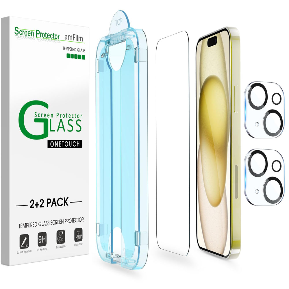 amFilm OneTouch 2+2 Pack screen protector for iPhone 15, 6.1 inch, full-coverage protection