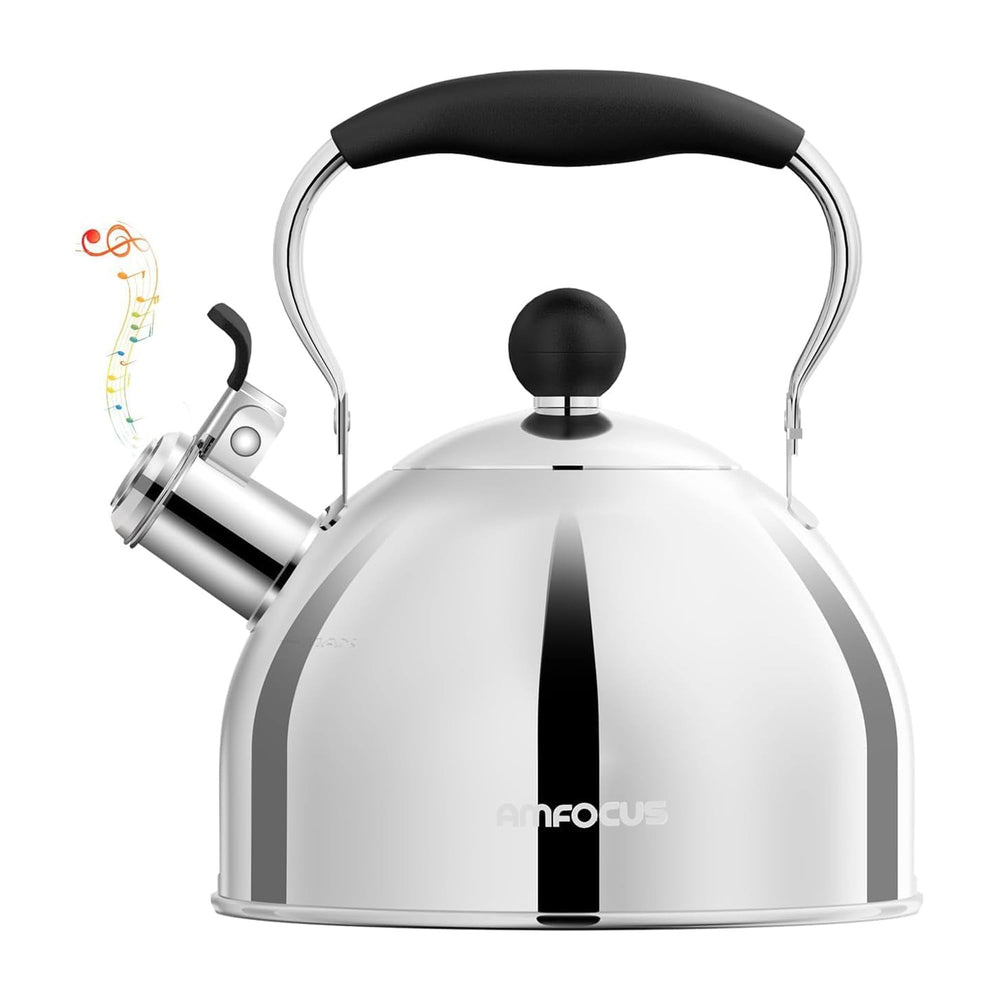 AMFOCUS tea kettle on stove whistling for quick boiling.