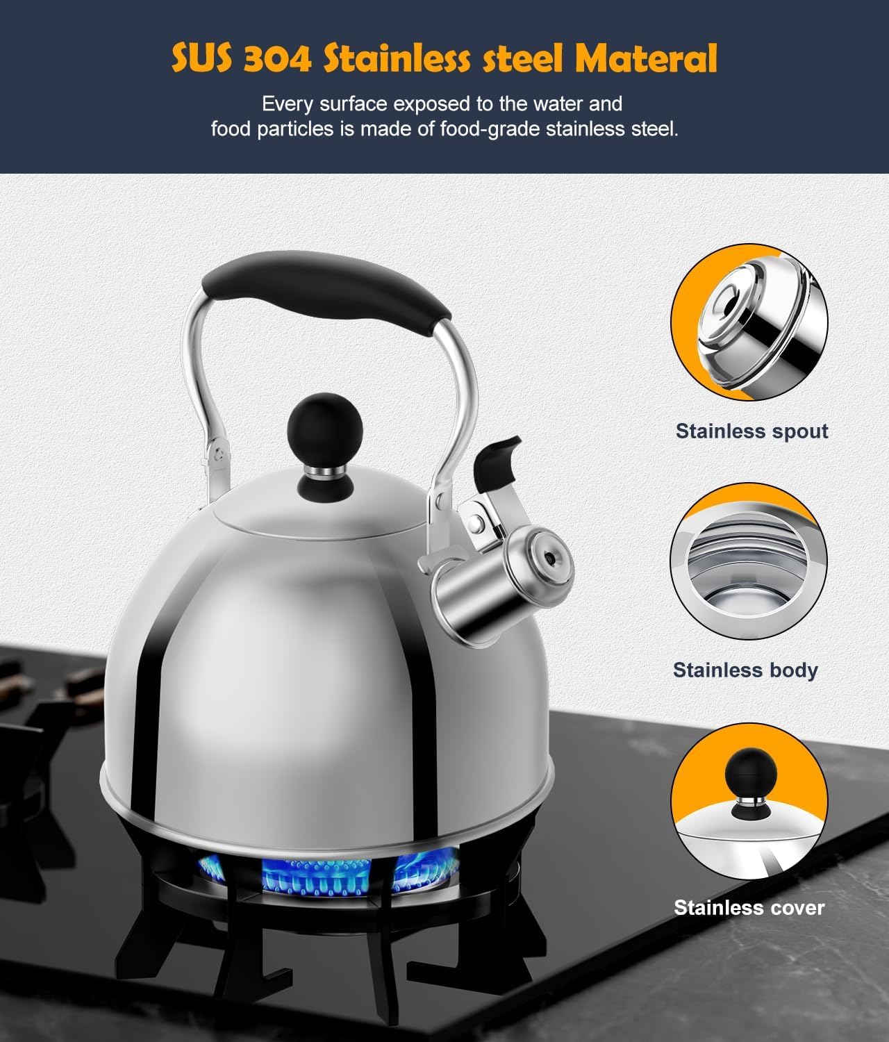 AMFOCUS tea kettle lid detail shows secure self-sealing design.