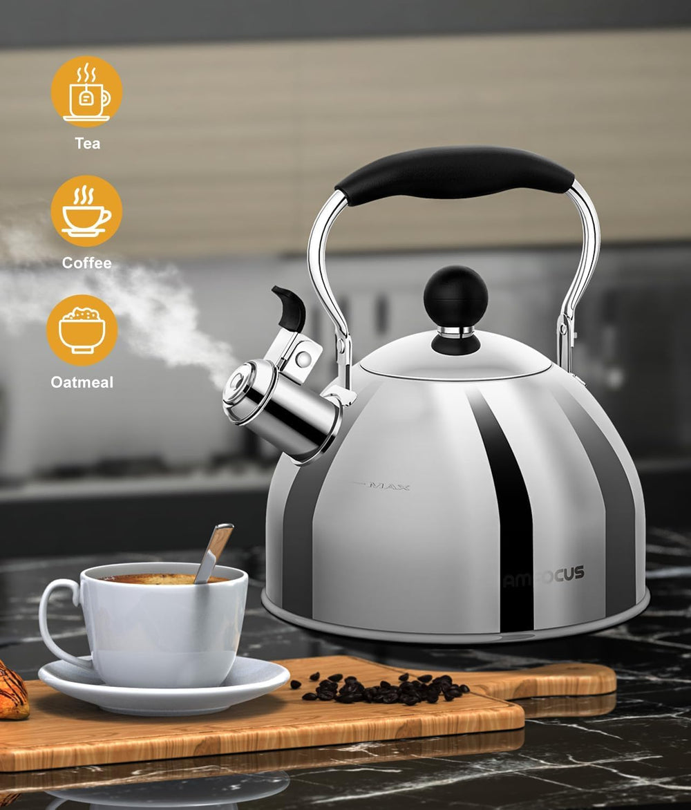 AMFOCUS tea kettle silver mirror finish adds modern shine.