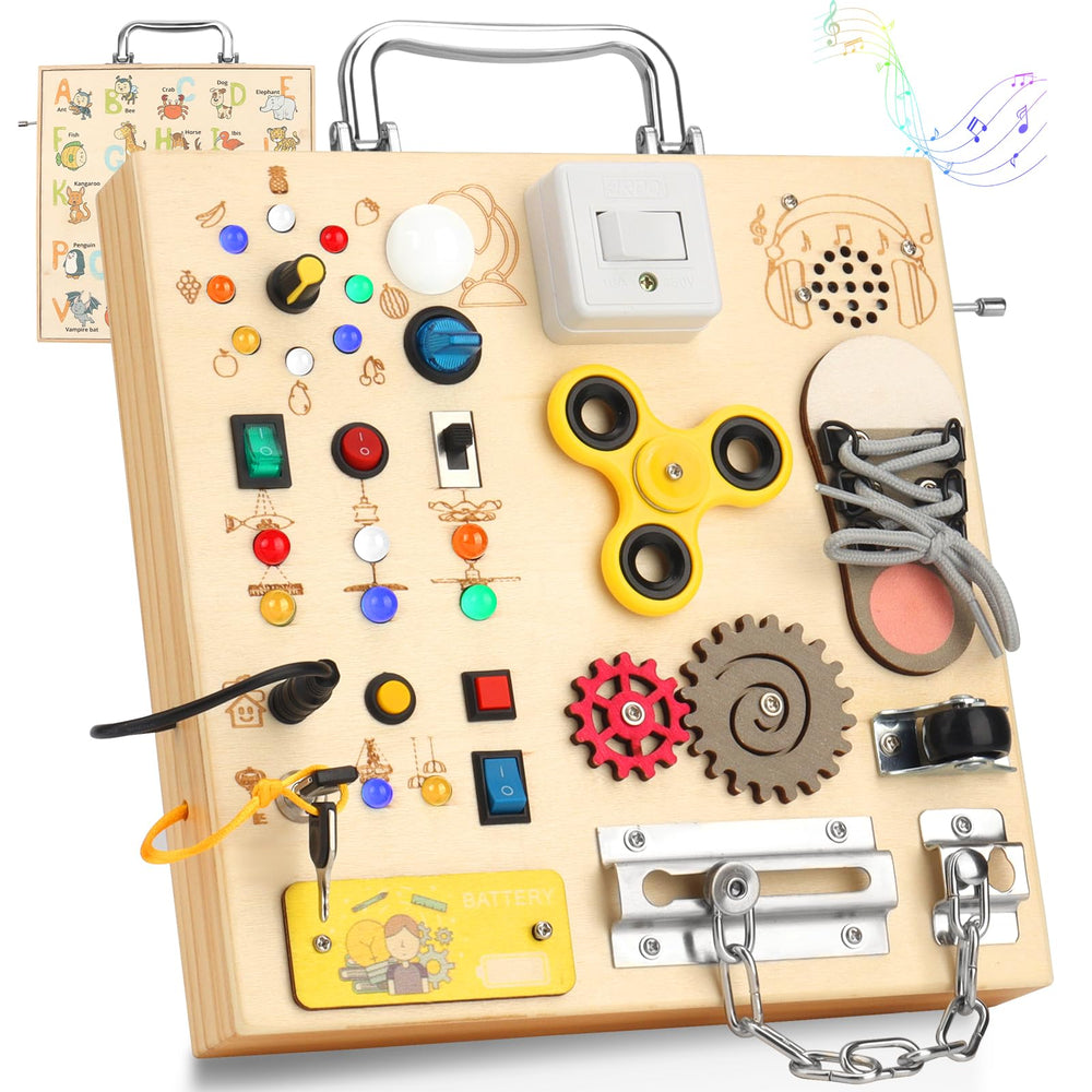 AMGAMGTS wooden busy board with LED lights for tactile travel learning