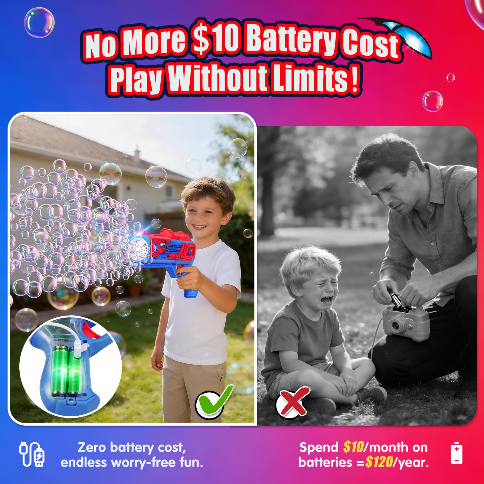Amiabling built-in rechargeable battery powers extended bubble sessions