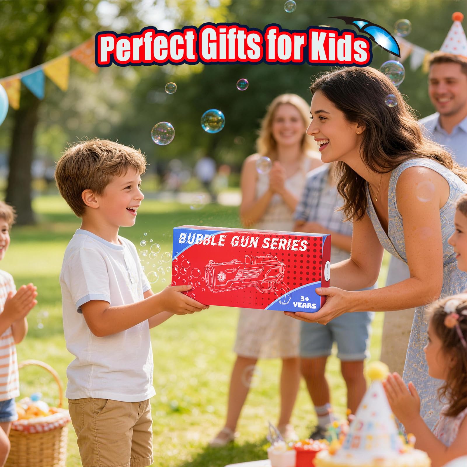 Amiabling kids playing outside with bubbles for family fun