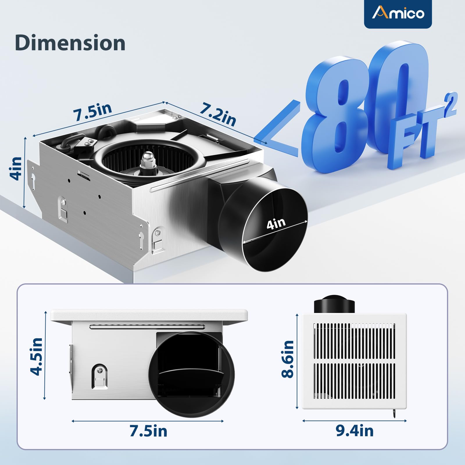 Amico quiet bathroom fan operating at 1.0 sones for peaceful showers.