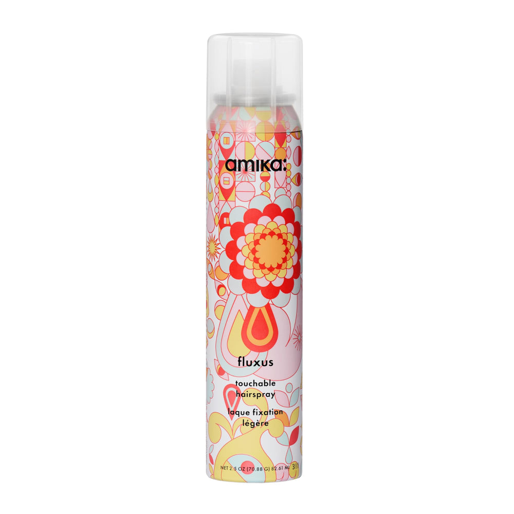 Amika Fluxus Touchable Hairspray bottle offering flexible hold without stickiness.