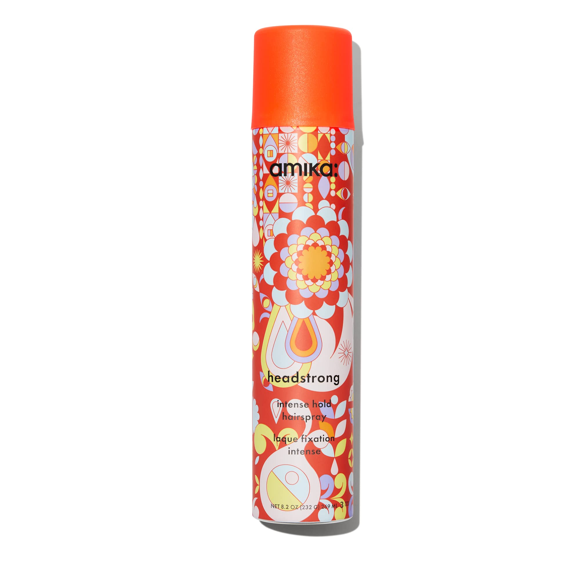 Amika Headstrong hairspray bottle showing strong hold with a light mist.