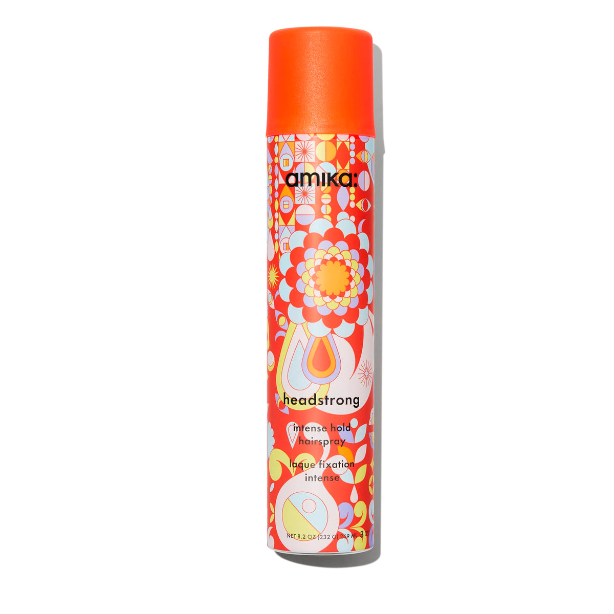 Amika Headstrong hairspray bottle showing strong hold with a light mist.