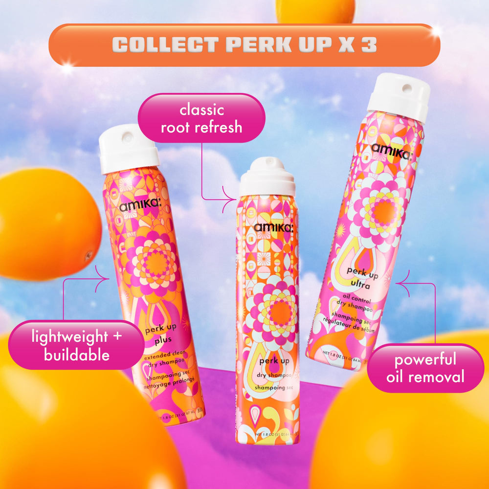 Amika Perk Up original dry shampoo bottle refreshes day-1 hair between washes