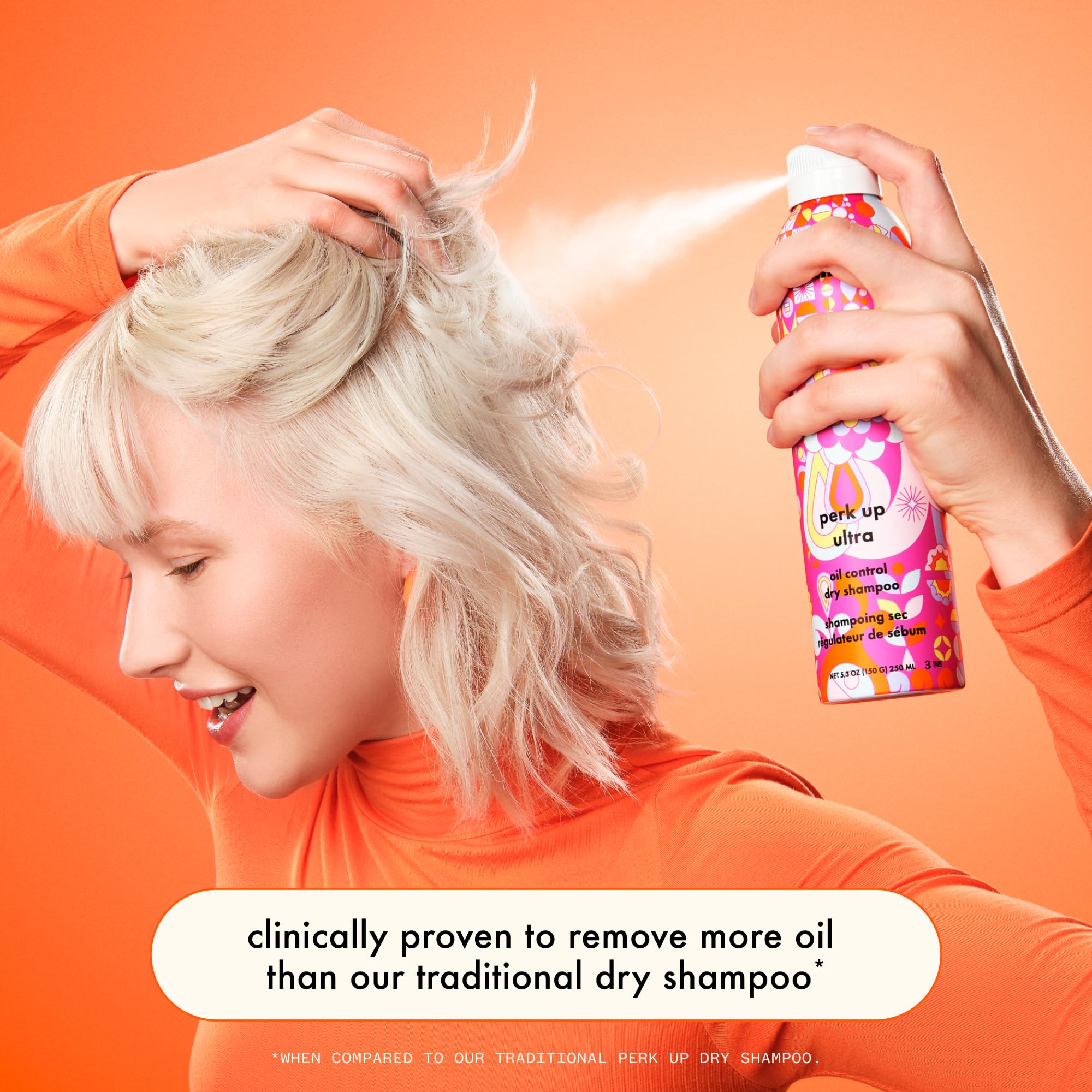 Amika Perk Up Ultra Dry Shampoo close-up of fine powder texture on hair.