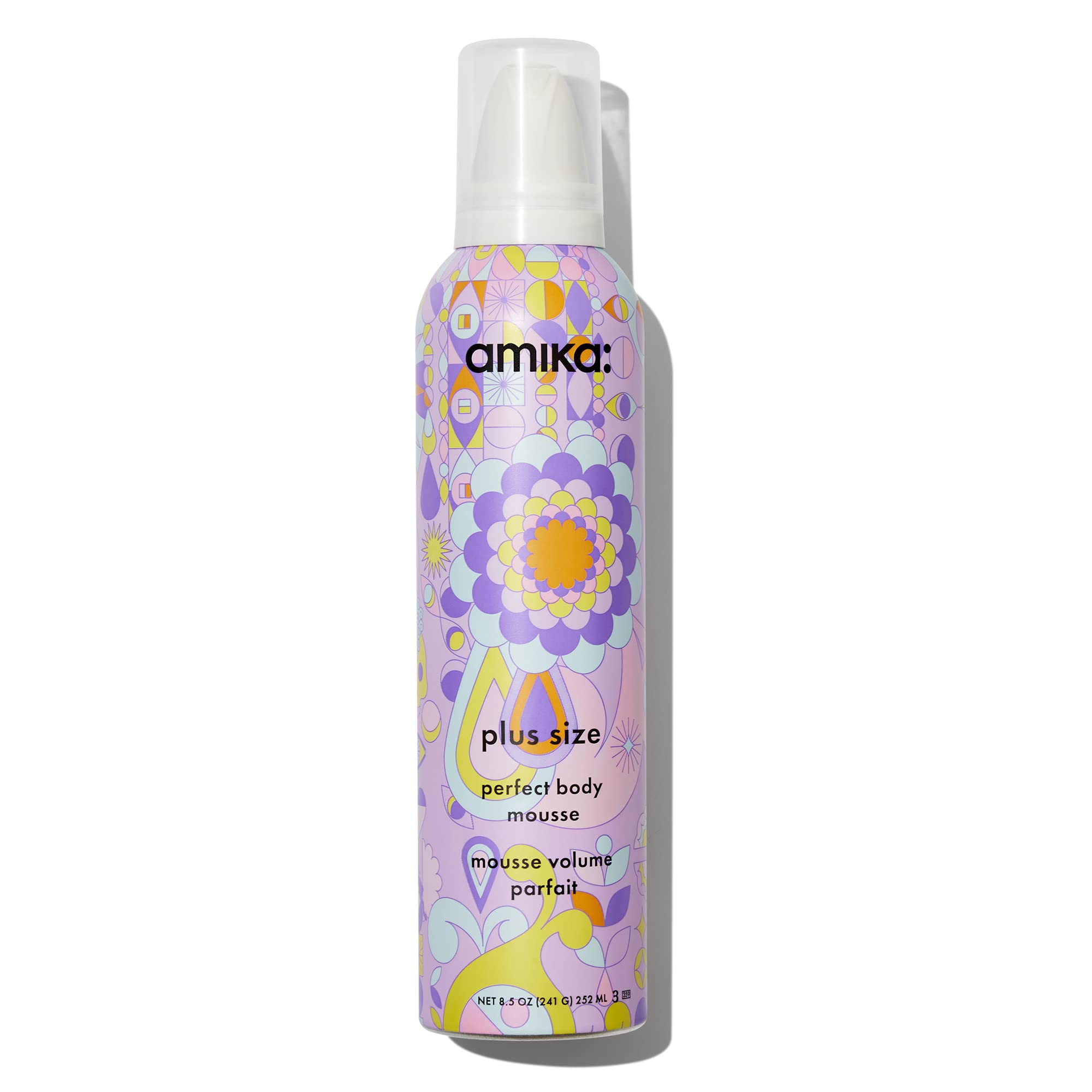 Amika Plus Size Perfect Body Hair Mousse bottle provides instant fullness for lifted hair.