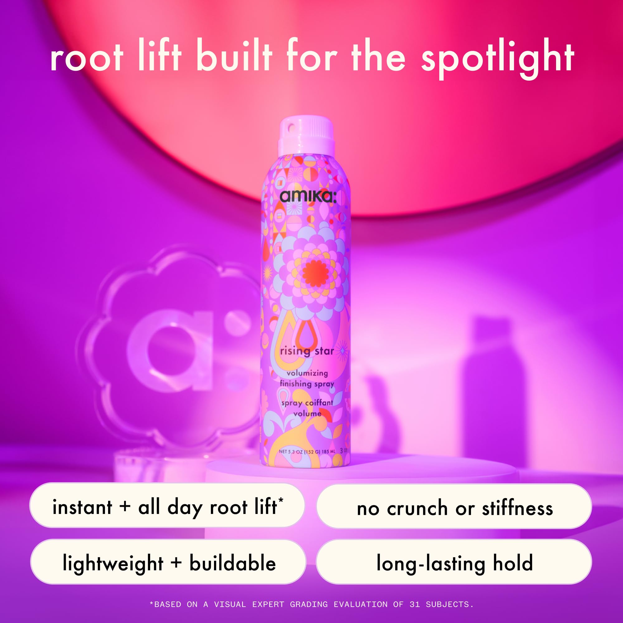 amika Rising Star spray mist for even, all-day hold.