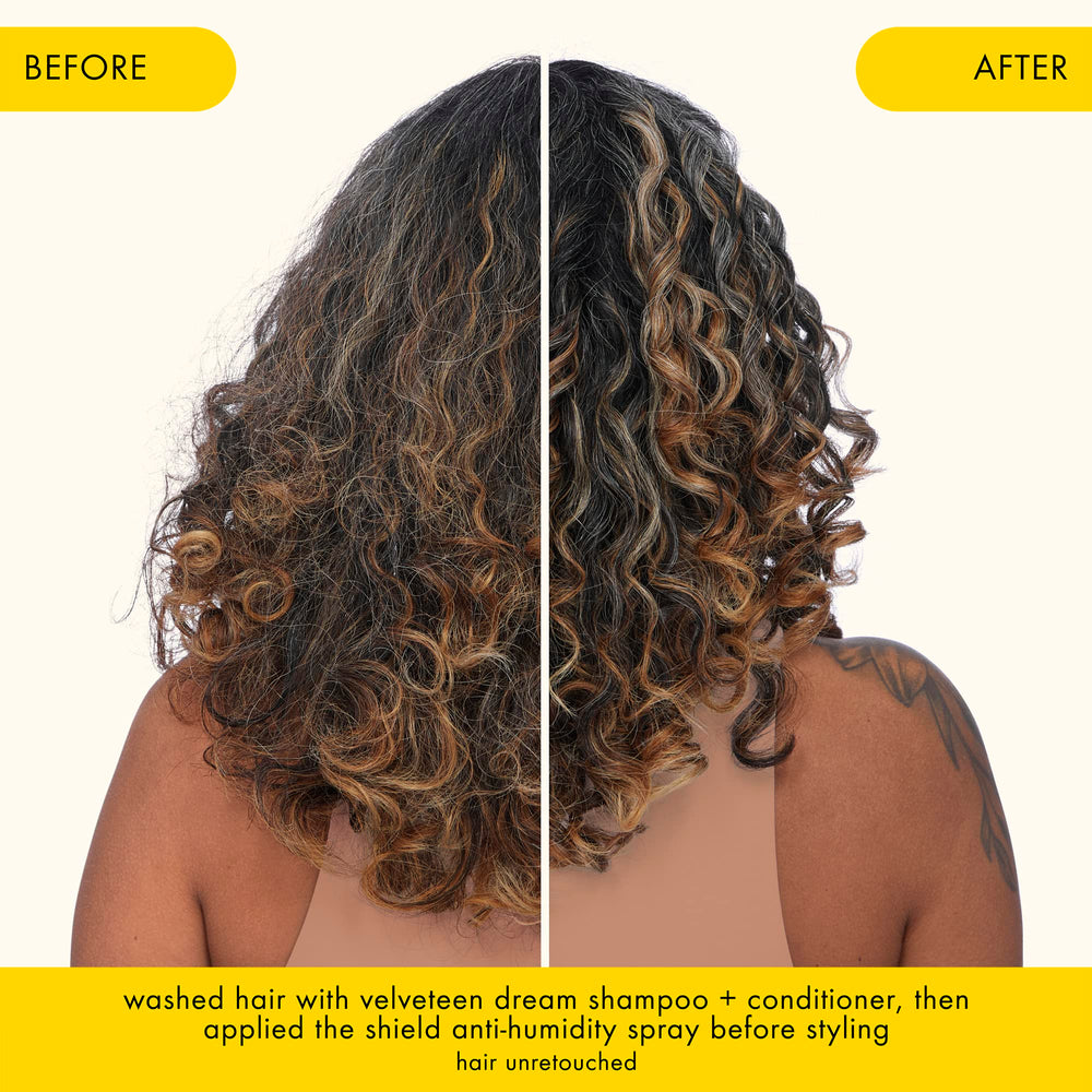 Amika The Shield being applied to damp hair before heat styling for protection.