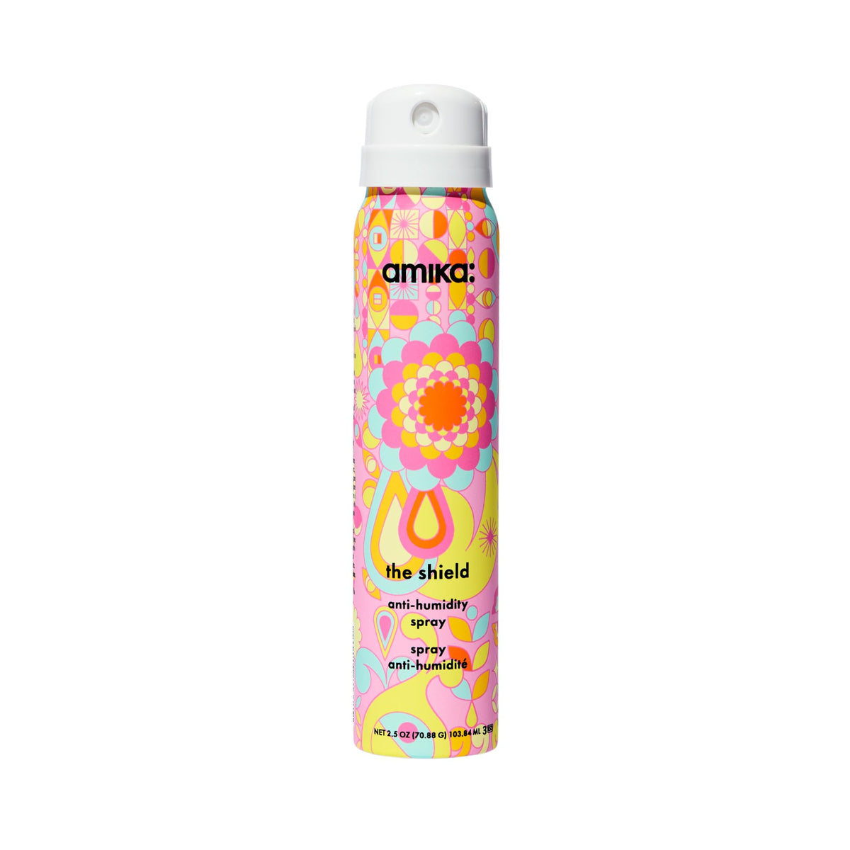Amika The Shield bottle, front view, showcasing lightweight heat protection for hair.