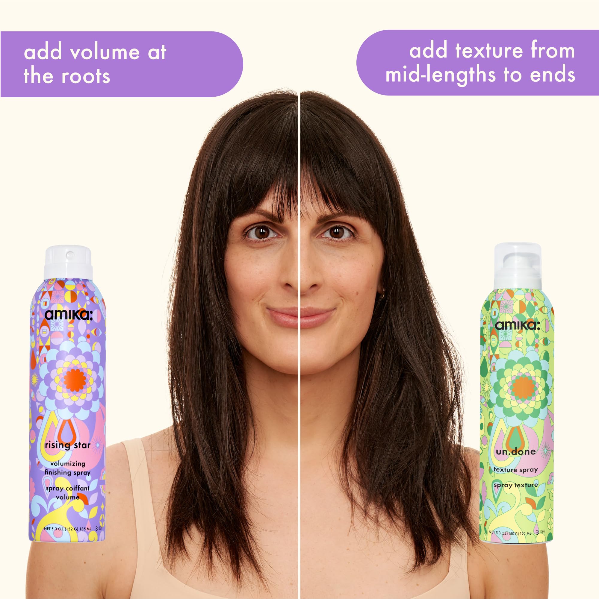 Amika volumizing finishing spray close-up pump highlights lift.