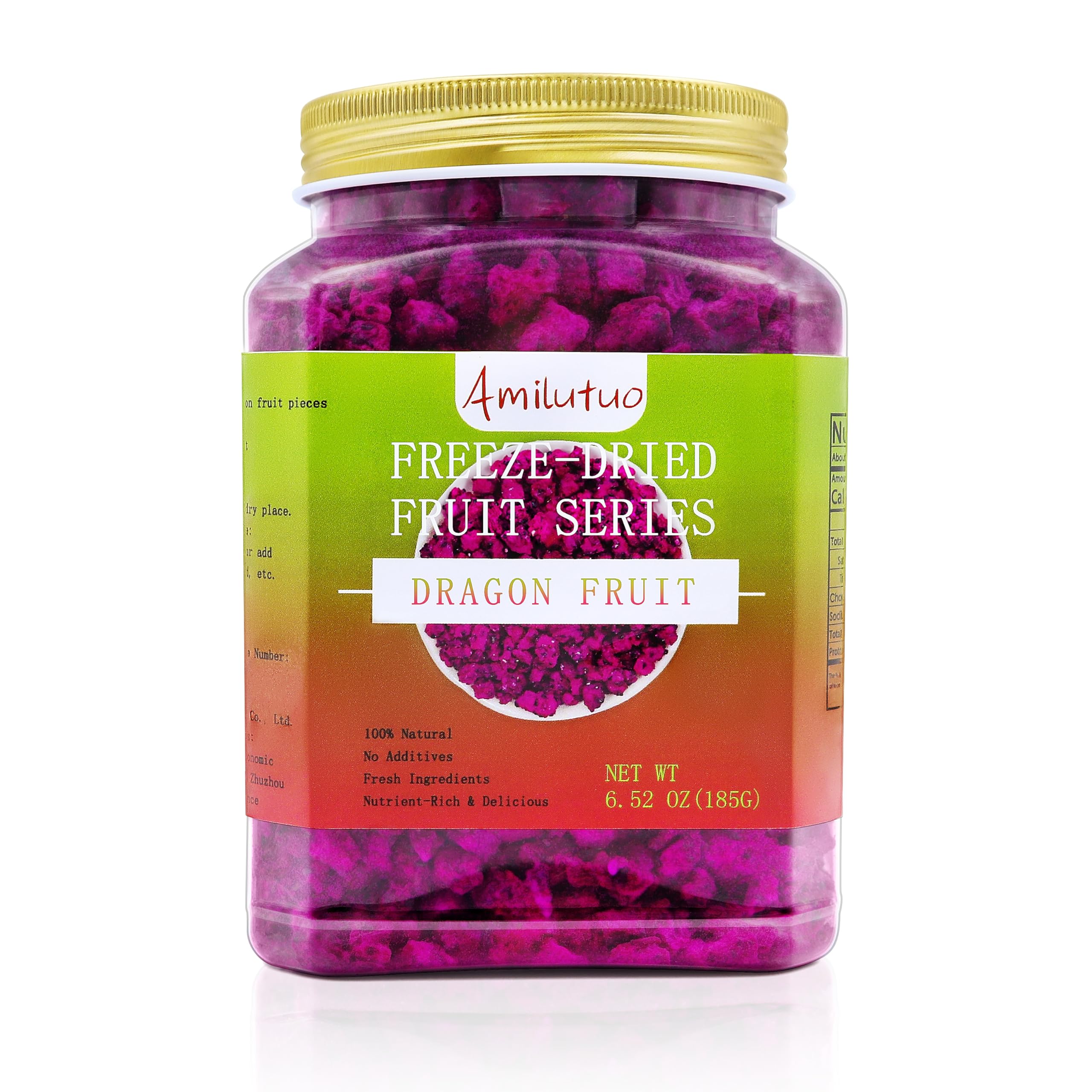 Amilutuo freeze-dried dragon fruit in jar close-up, preserving flavor for snacking.