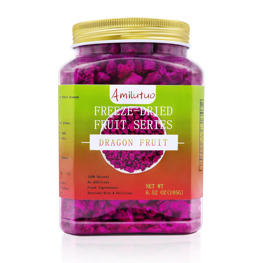 Amilutuo freeze-dried dragon fruit in jar close-up, preserving flavor for snacking.
