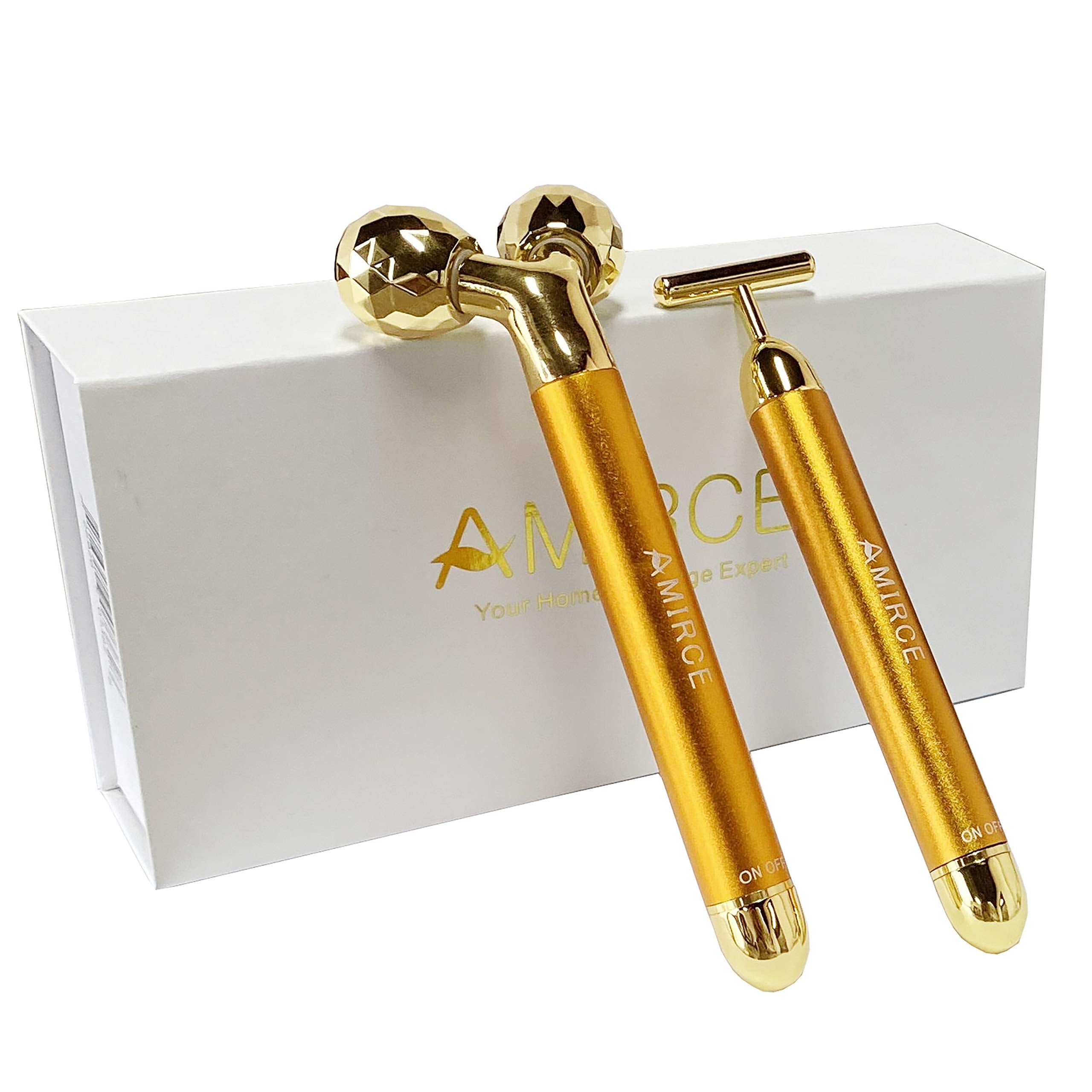 Amirce Face Massager Roller 3D golden in action for a relaxing skincare routine.
