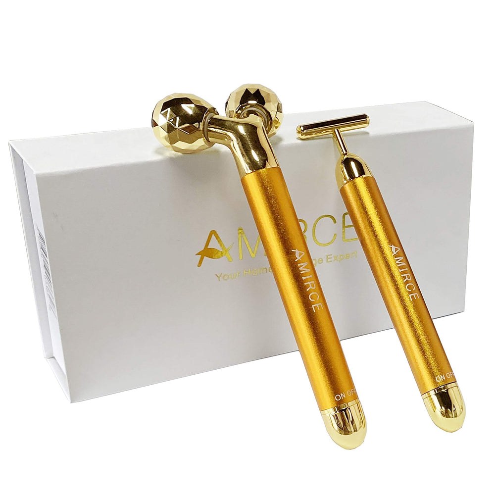 Amirce Face Massager Roller 3D golden in action for a relaxing skincare routine.