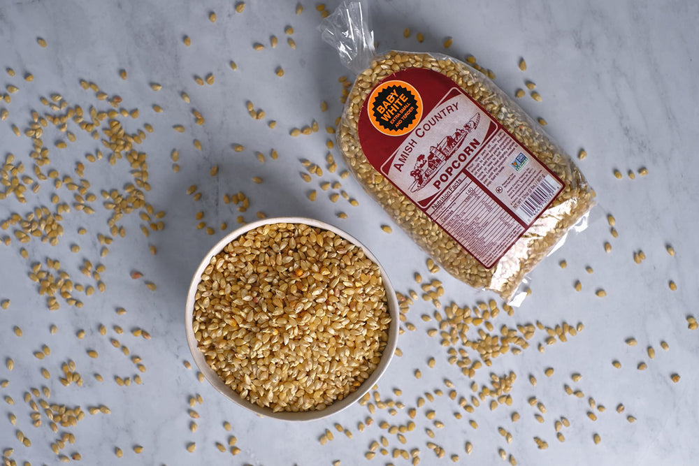 Amish Country Popcorn 2lb bag packaging ready for pantry and family movie nights.