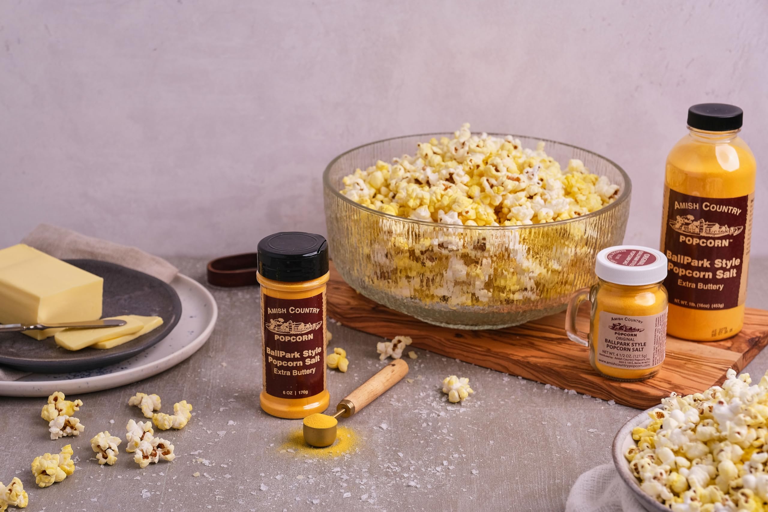 Amish Country Popcorn Ballpark ButterSalt bottle back highlights gluten free and non-GMO notes