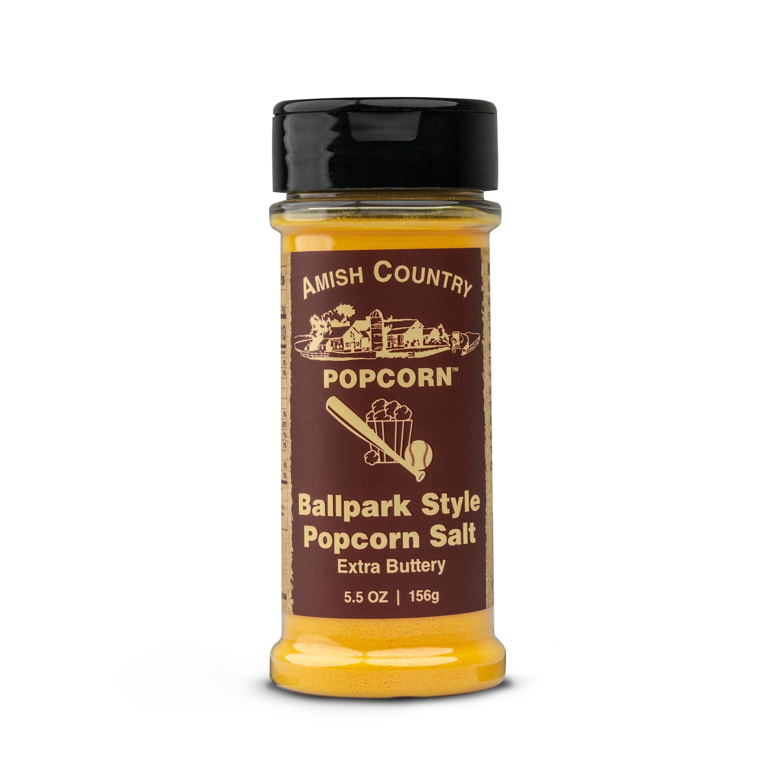 Amish Country Popcorn Ballpark ButterSalt bottle pour showing convenient snack seasoning