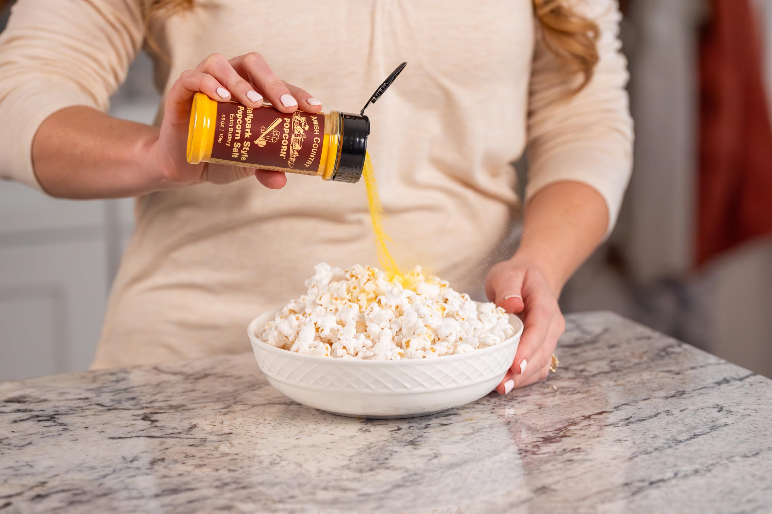 Amish Country Popcorn Buttersalt bottle with non-GMO promise supports mindful snacking
