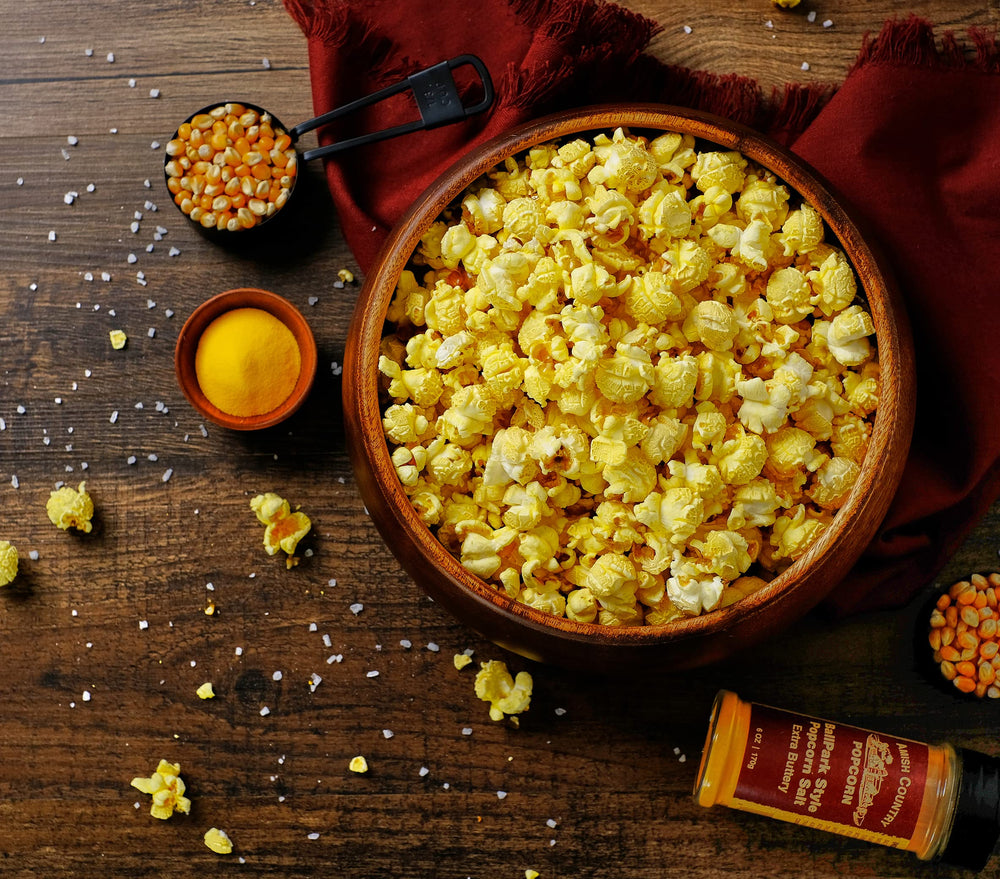 Amish Country Popcorn Buttersalt label features nut-free badge for allergy-conscious snacking